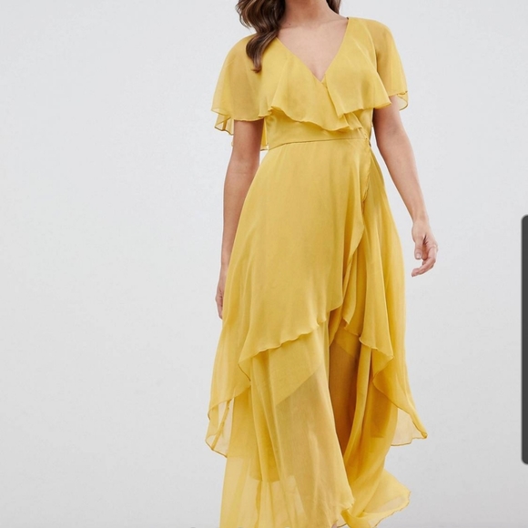 ASOS Dresses & Skirts - ASOS Mustard Yellow Chiffon Maxi Wrap Dress Cape Back Dipped Hem Size 16